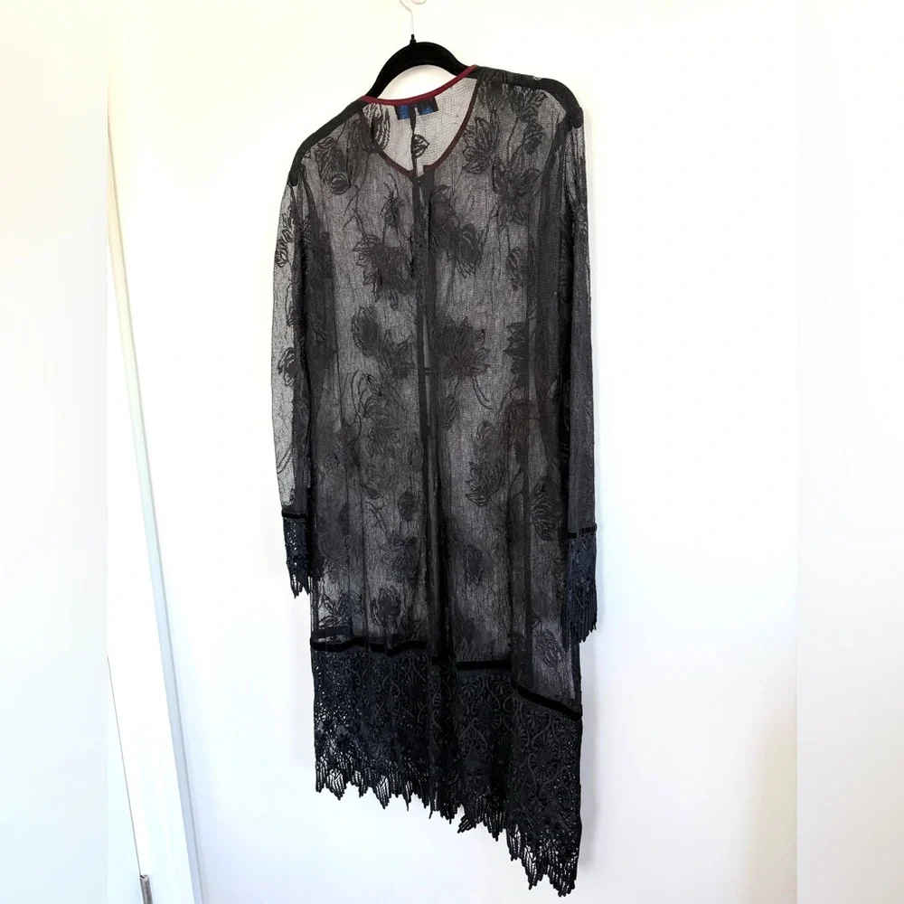 Sue Wong Nocturne Vintage 90s Black Lace Cardigan Jacket Coat Velvet Trim Sz M - Picture 9 of 13